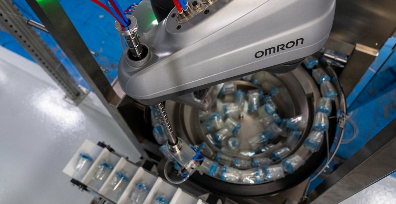 Dettaglio tecnico cella robotica Samas-Omron con robot SCARA.